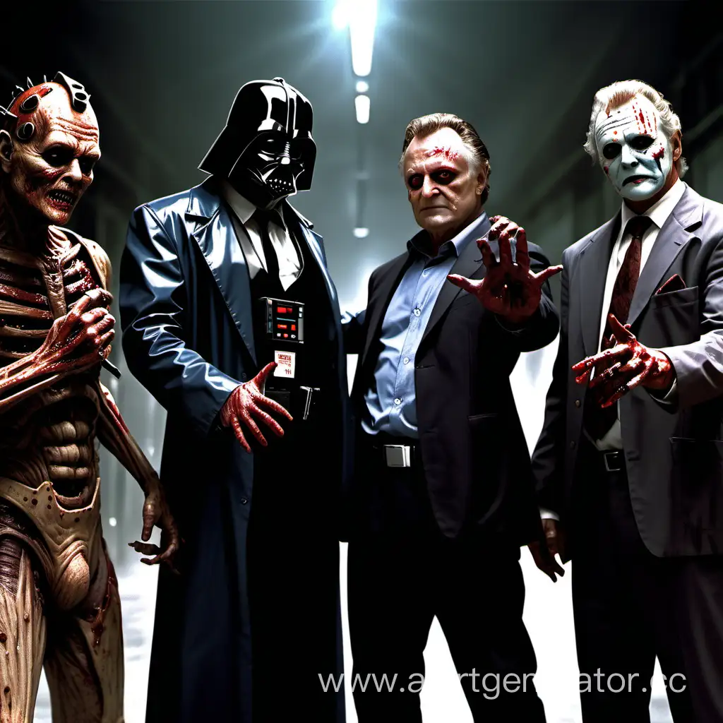 Доктор Лектор с Дарт Вейдером и с Джейсоном с пятницы 13 и с Фредди Крюгером и с Терминатором и клоуном Джокером стоят друг с другом и улыбаются с окровавленными руками.
