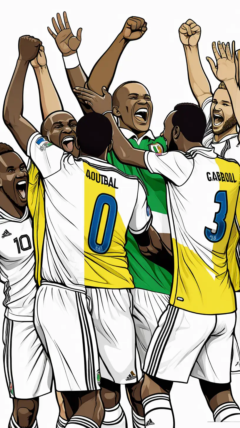 create a colouring book. using Afcon football. Players celebrating a goal with high-fives and fist bumps.