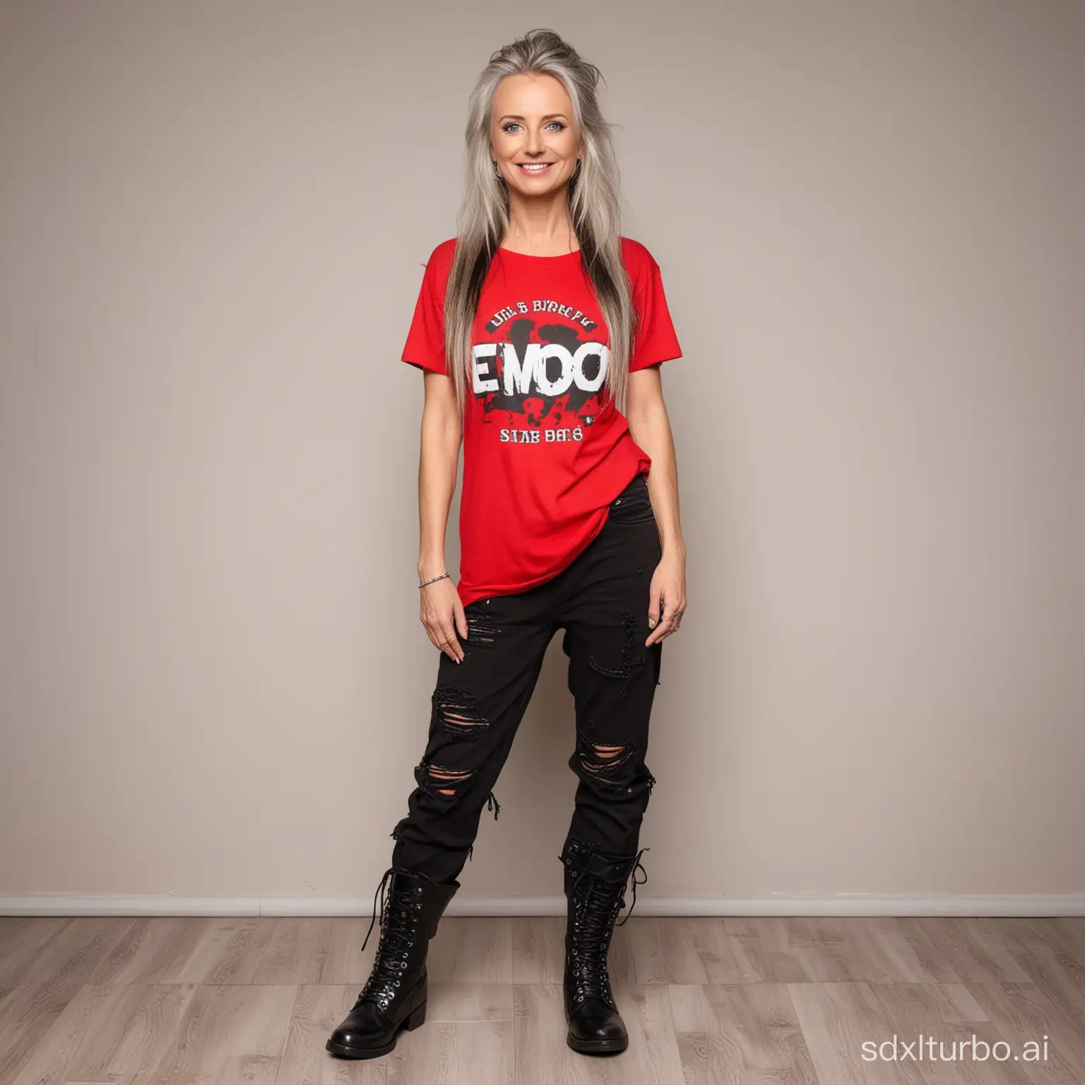 A cool Lithuanian woman 51 years old, blue eyes; she is wearing a long half up pulled hairstyle with long light beige and black locks  dressed in Emo clothes: a red T-shirt and a black ripped pants wearing black short ankle boots, with a smile, in a full body standing photo.