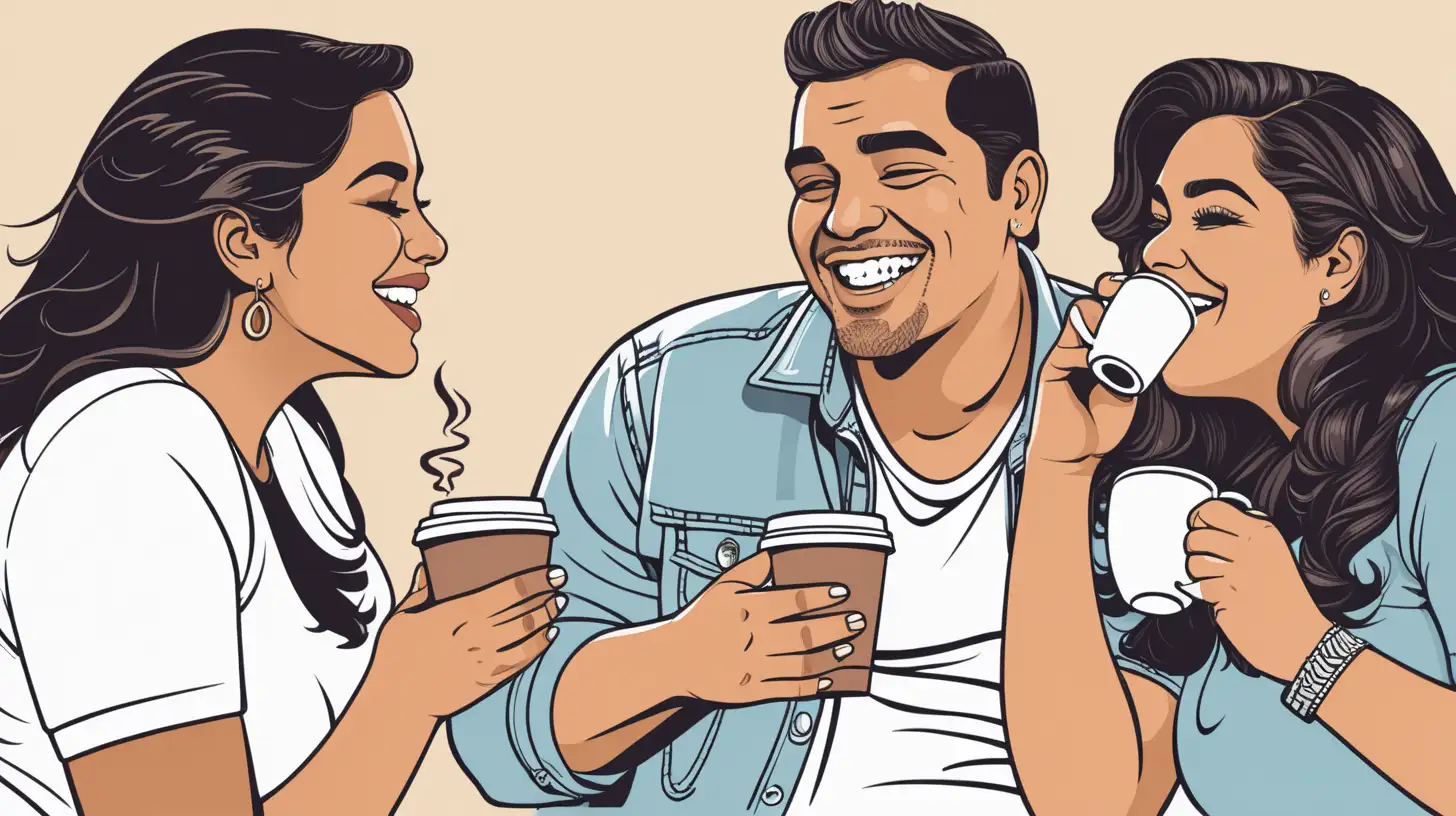 vector drawing of a thick latina women gossiping with a thick latino man and both of them holding a coffee mug and smiling