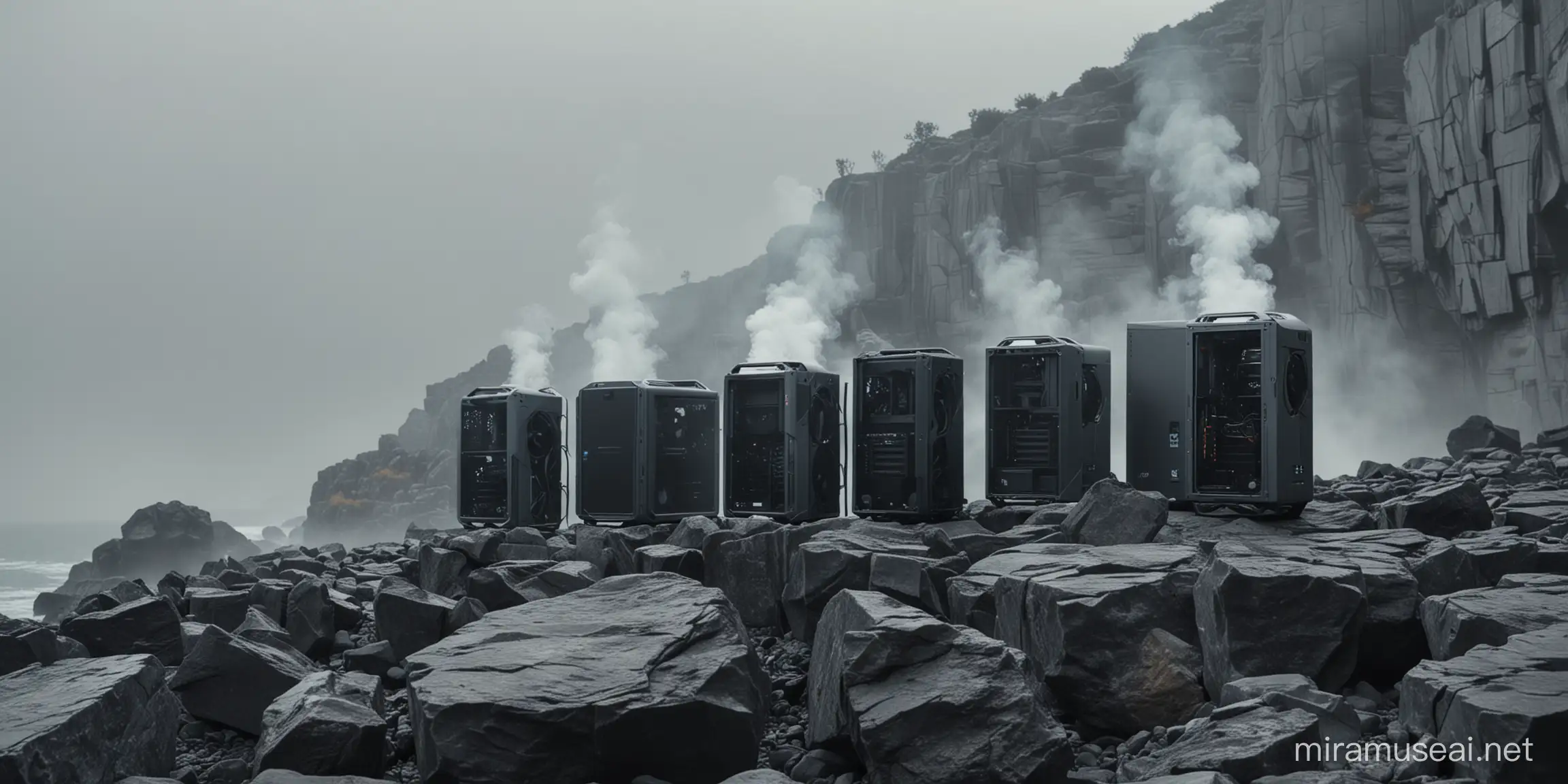 Cinematic Computer Cases Standing on Rocks with Gray Wall Background