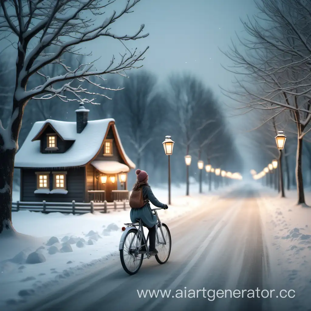 A girl riding a bike, in the middle of a beautiful natural winter scenery. There is a little house and road. It is snowy a little bit. add lanterns on the both side of the road. the person who looks at the image must feel nostalgia
