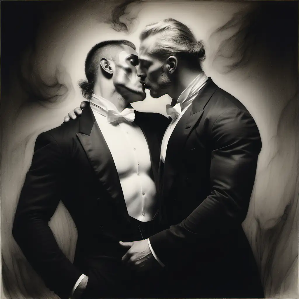 Passionate Tuxedoed Men Embracing in Odd Nerdrums Graphite Art