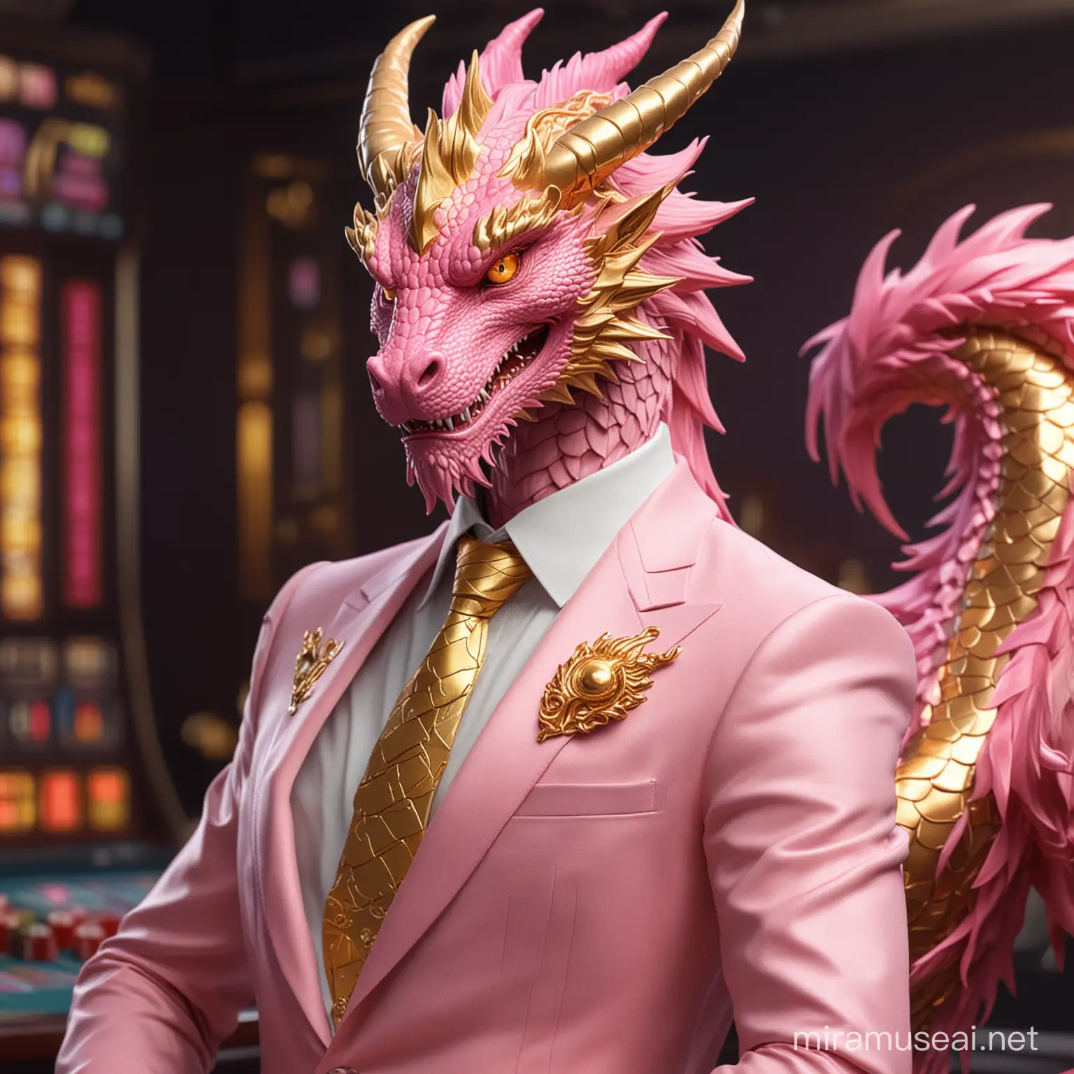 Pink Golden Dragon Developer in Formal Suit PC Programmer Support for Online Casino Gambling in Cosmo Style