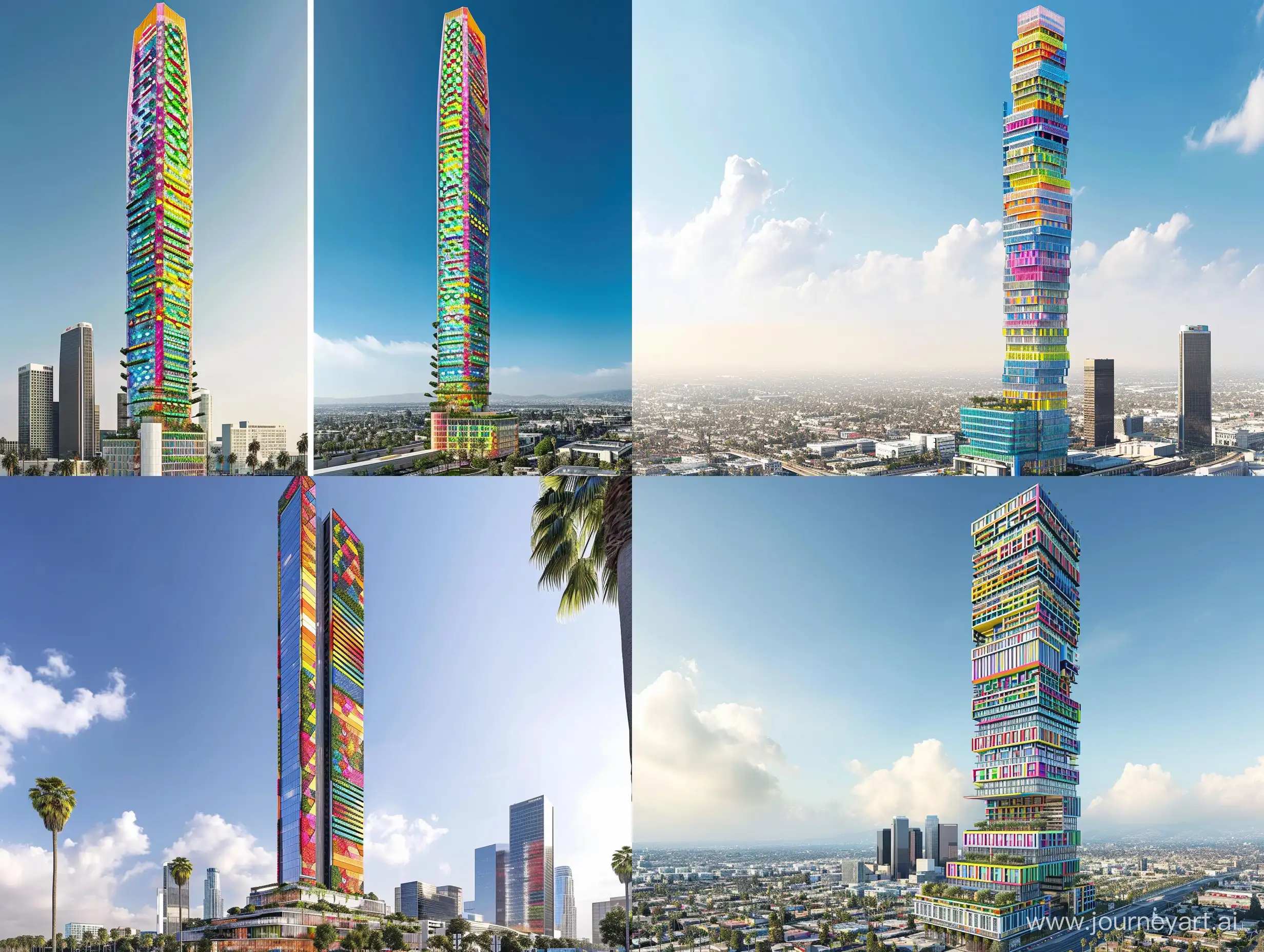 a modern skyscraper with a height of at least 500 meters with a colorful exterior designs inspired by traditional Turkish architecture which suits the skyline of Los Angeles