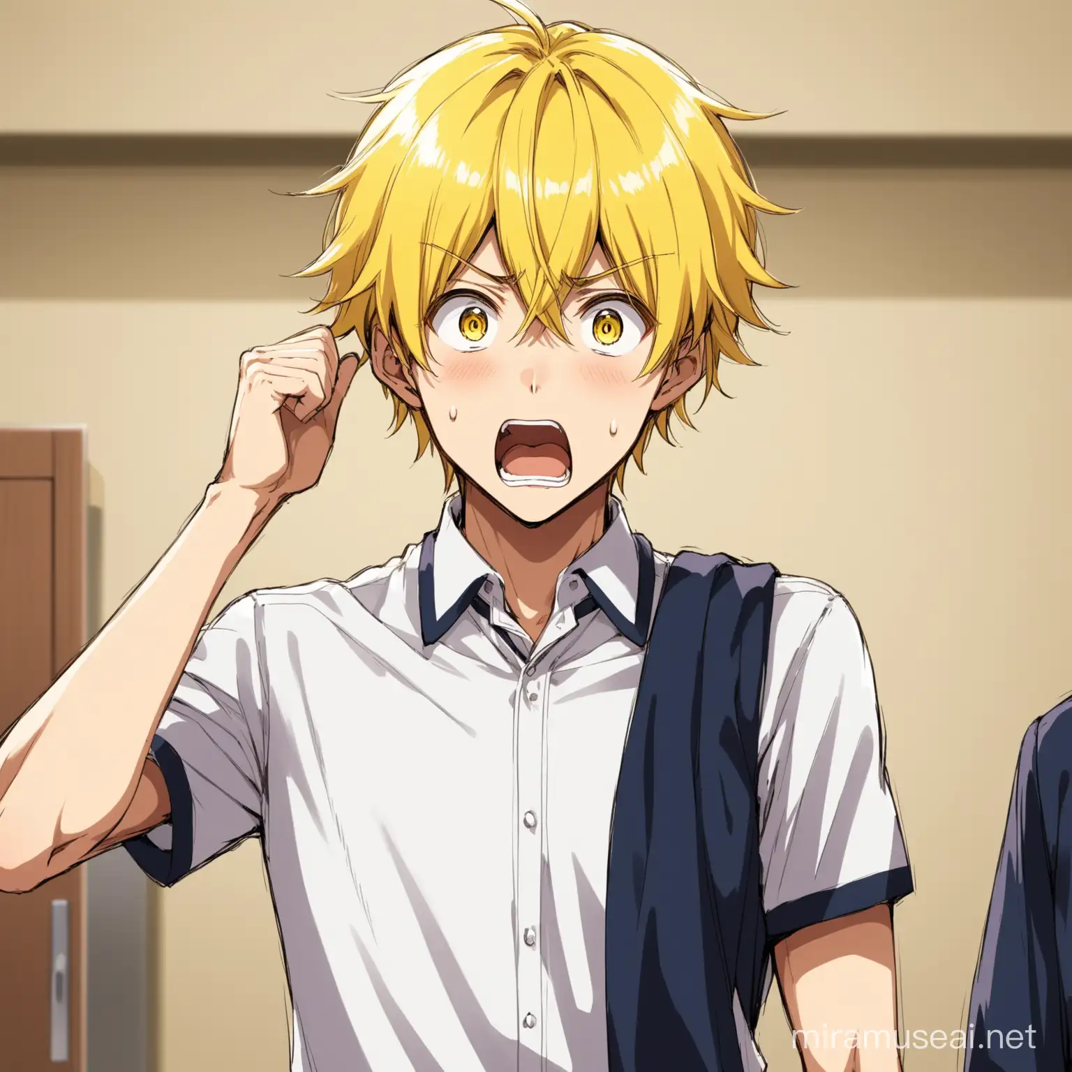 College Student with Yellow Hair in Anime Uniform Expressing Shock and Confusion