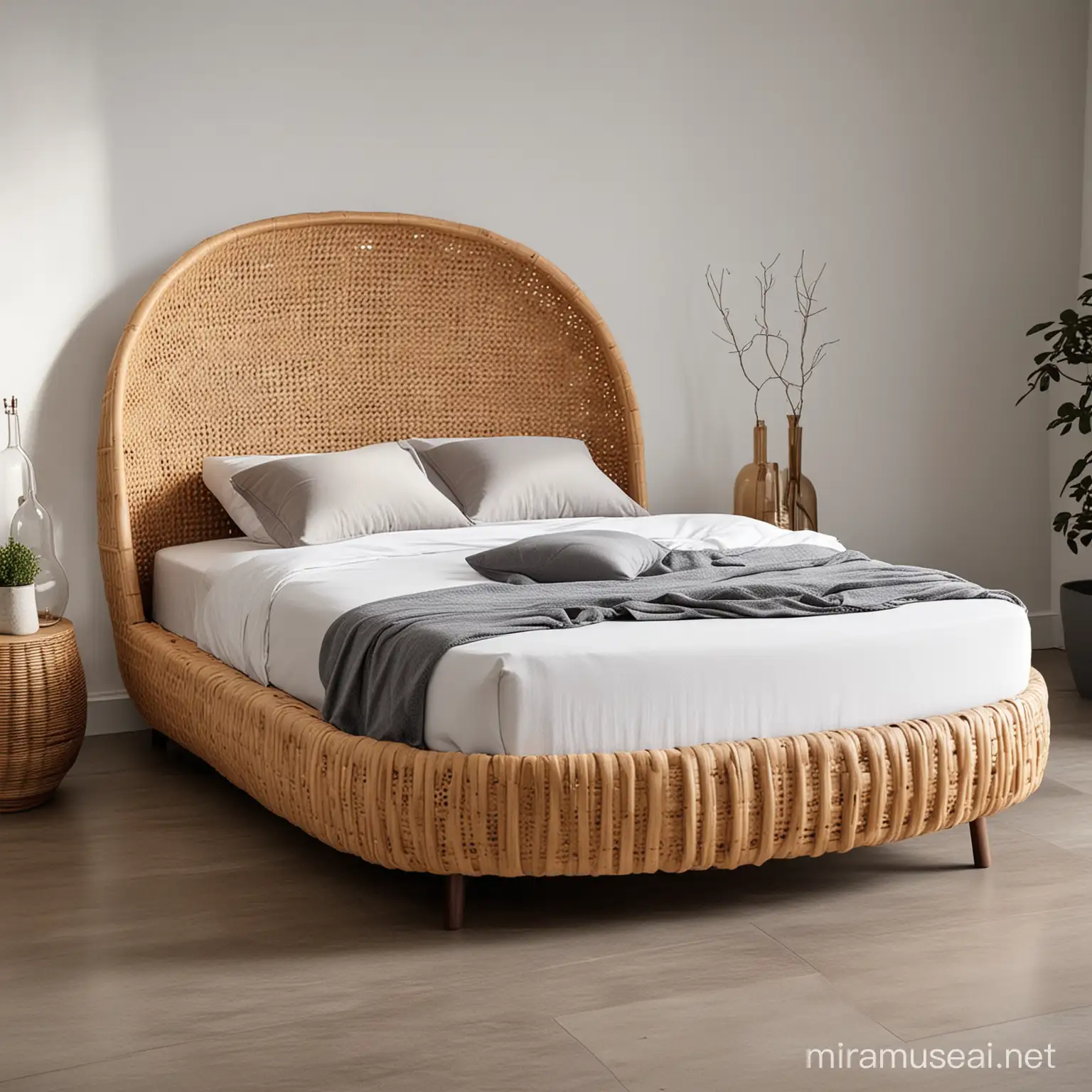 unique and modern single bed with rattan and wood material curved shape