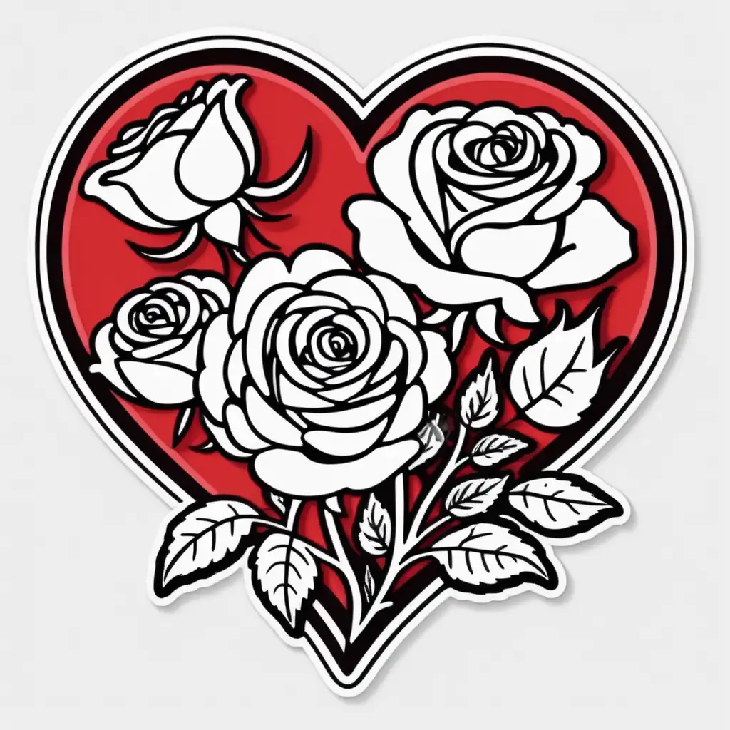 Sticker, cartoon, white with black outline, roses floral red Heart outline, vector, white 
background 