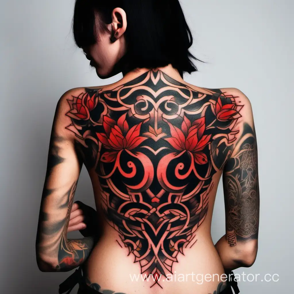 татуировки на спине девушки красно-черная палитра
