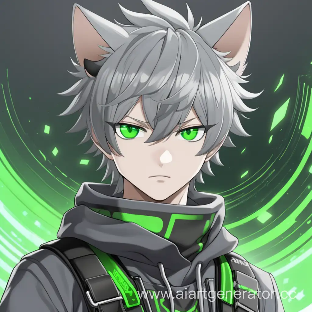 anime grey cat boy with green eyes clothes s.w.a..t green aura