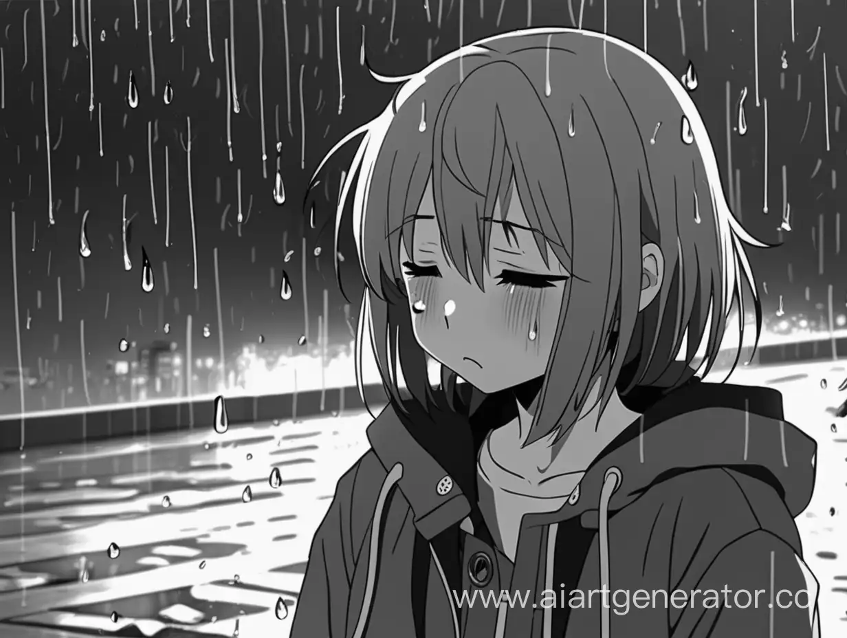 /imagine prompt:anime, girl, crying, rain, depression, black and white