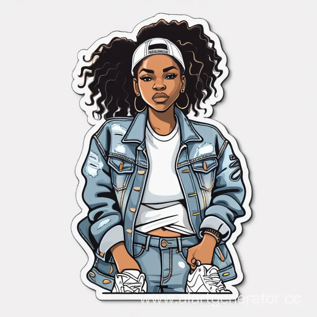 Sticker, Street-Smart Black Woman in Distressed Denim Jacket and Sneakers, Radiating Hip-Hop Swagger, contour, vector, white background