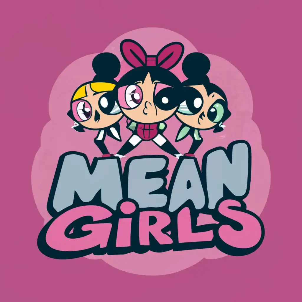logo, 5 Power puff girls with mascot feature , with the text "Mean girls", typography, be used in Entertainment industry