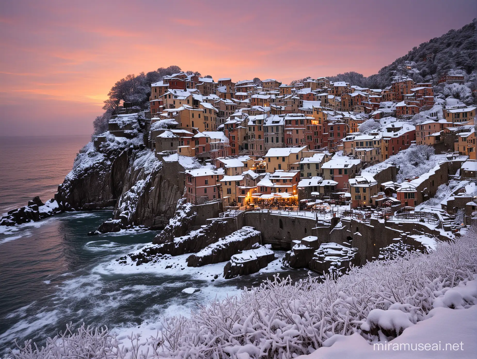 Cinque Terre au coucher de soleil sous la neige