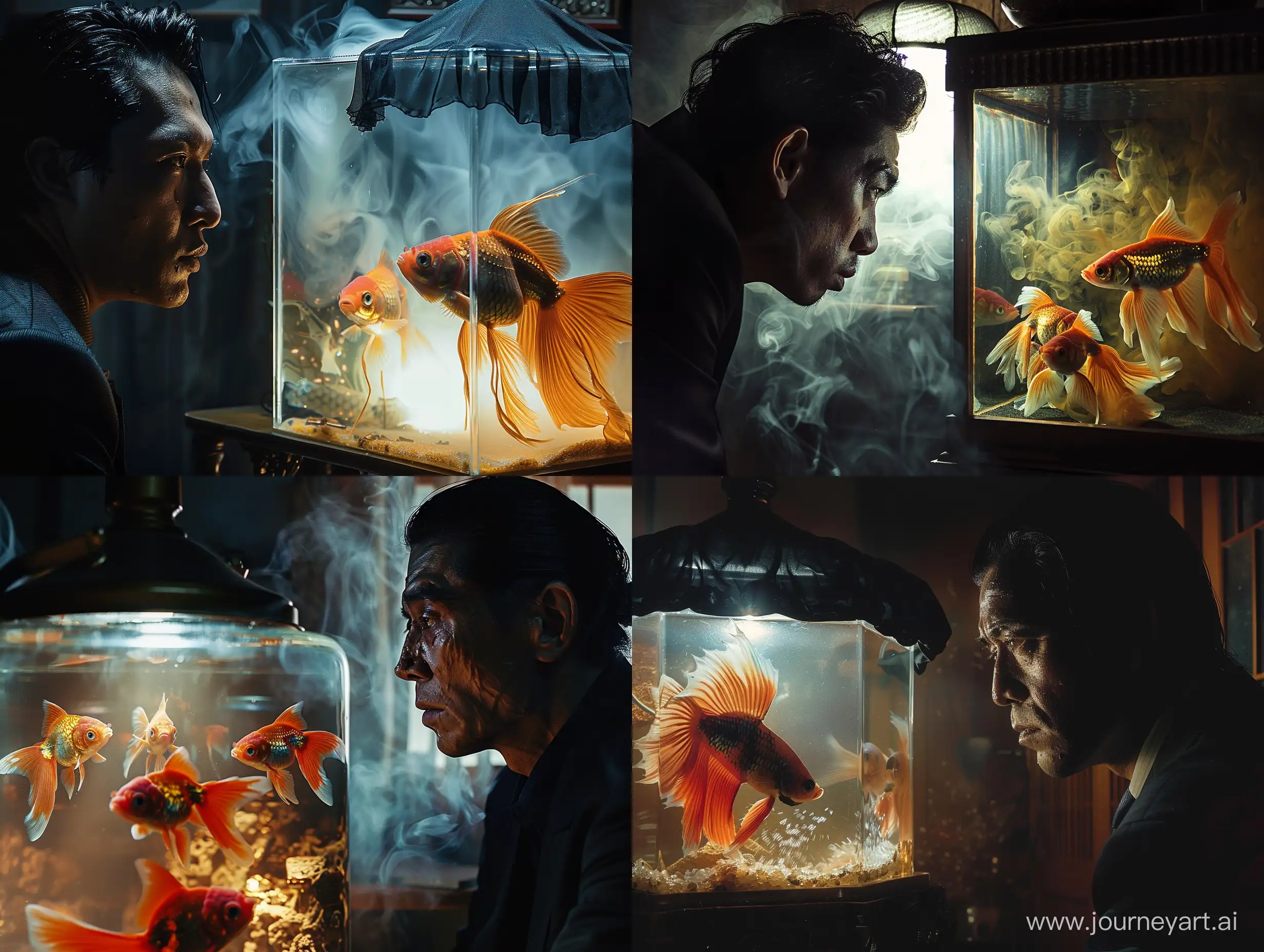 realistic movie stills, In an old-style Japanese apartment late at night, a gangster man wearing a black suit was watching Betta splendens fighting in front of a goldfish tank. The goldfish tank was emitting the light of a black silk lamp. The man looked melancholy, with a fierce look in his eyes, creating a melancholy atmosphere. , aesthetics of violence, an amazing fantasy movie scene, strong dramatic tension, rich details, clear light and shadow, a strong sense of cinema 