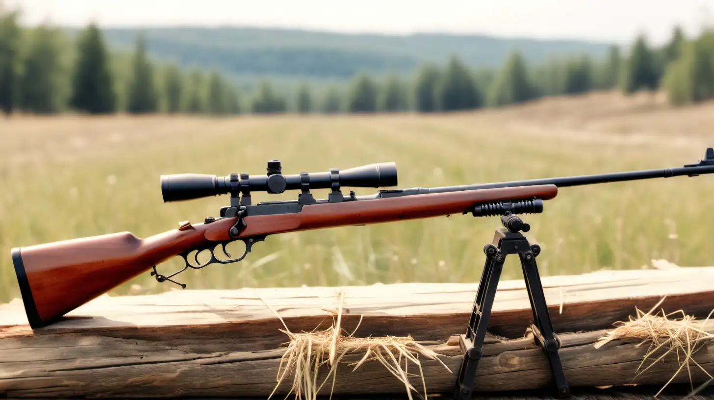 milsurp rifle balancing on wooden log, outdoors hay field blurry background
