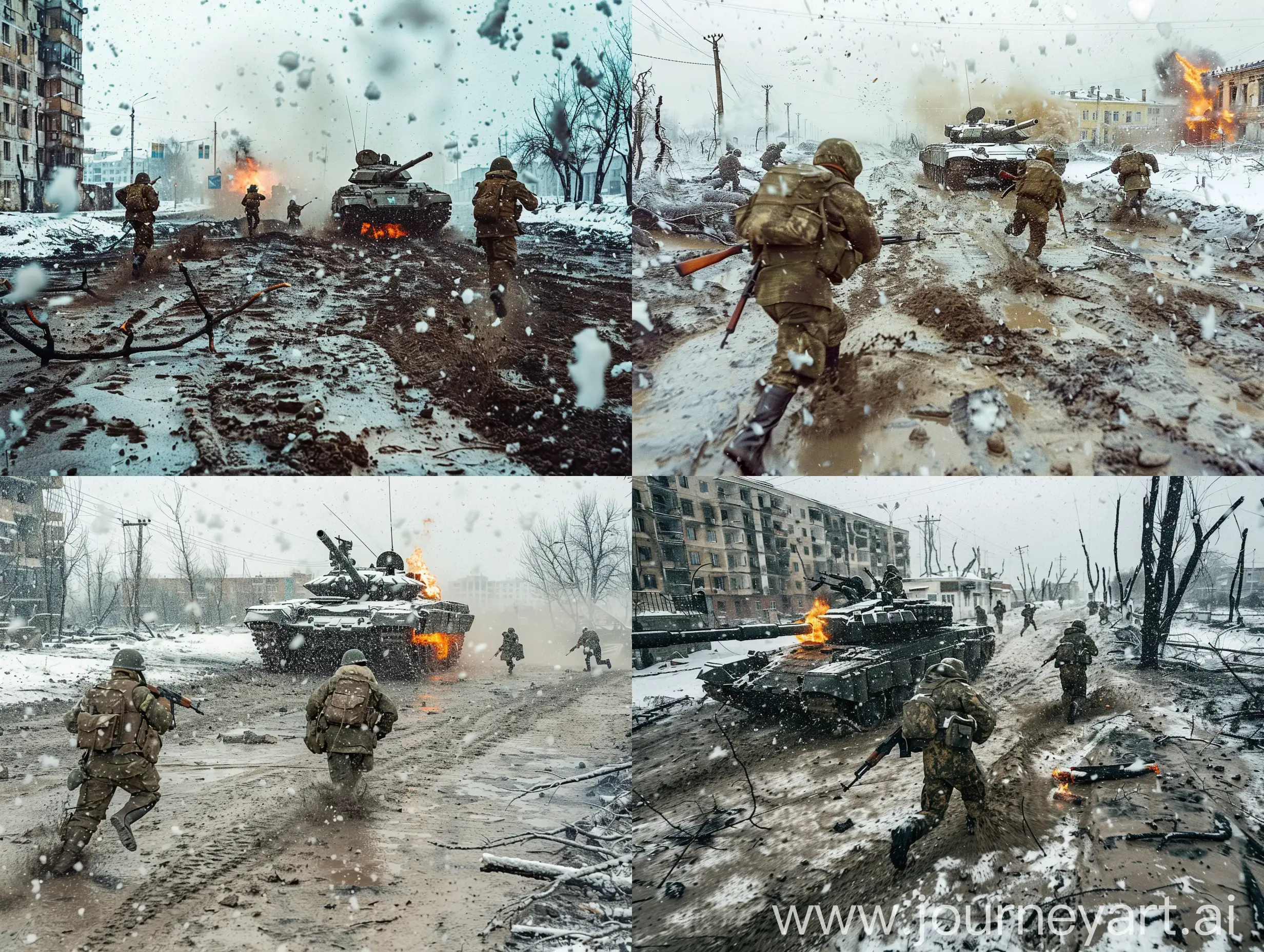 SNOW! Russian soldiers, several russian soldiers are running, TANK t-35, striking from ak-74, tank is on fire, mud everywhere, burned trees, snowfall drops, wide angle image, buildings under snow, 