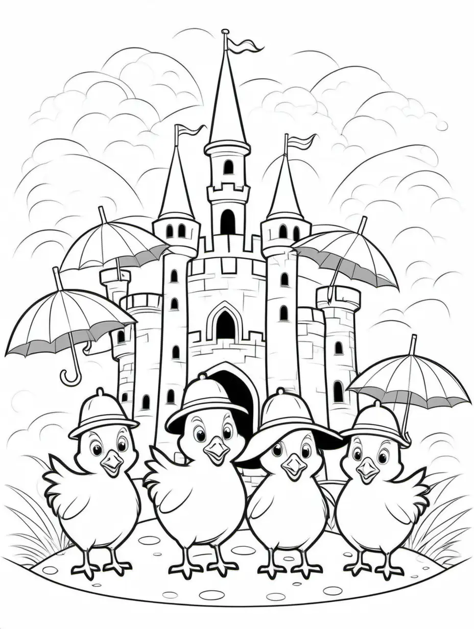 Childrens coloring book page, cartoon modern, 6 chickens in hats by a castle with umbrellas, b&w thin line art, childrens coloring book, white background, no dither, no gradient, no fill, vector illustration, v 5.2--ar 2:3