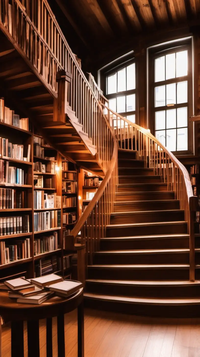 wooden staircase in a cozy warm bookstore