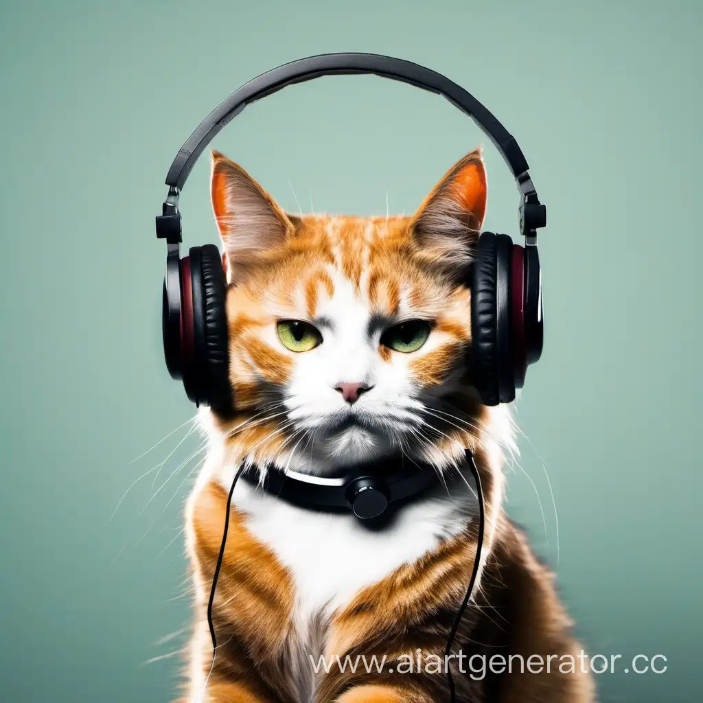 Кот слушает музыку в наушниках