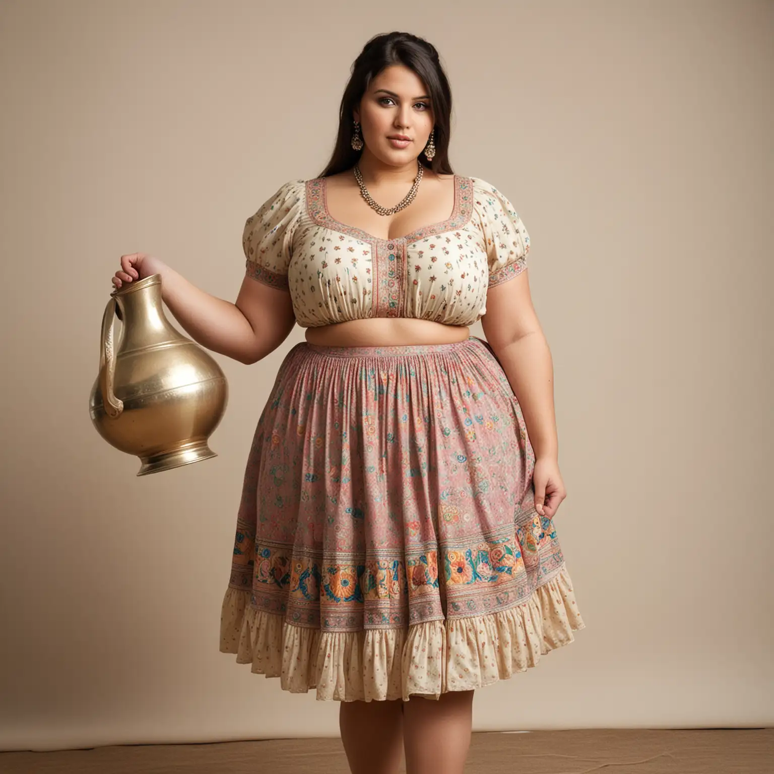 Curvy Woman in Vintage Indian Attire Carrying Water Pitcher