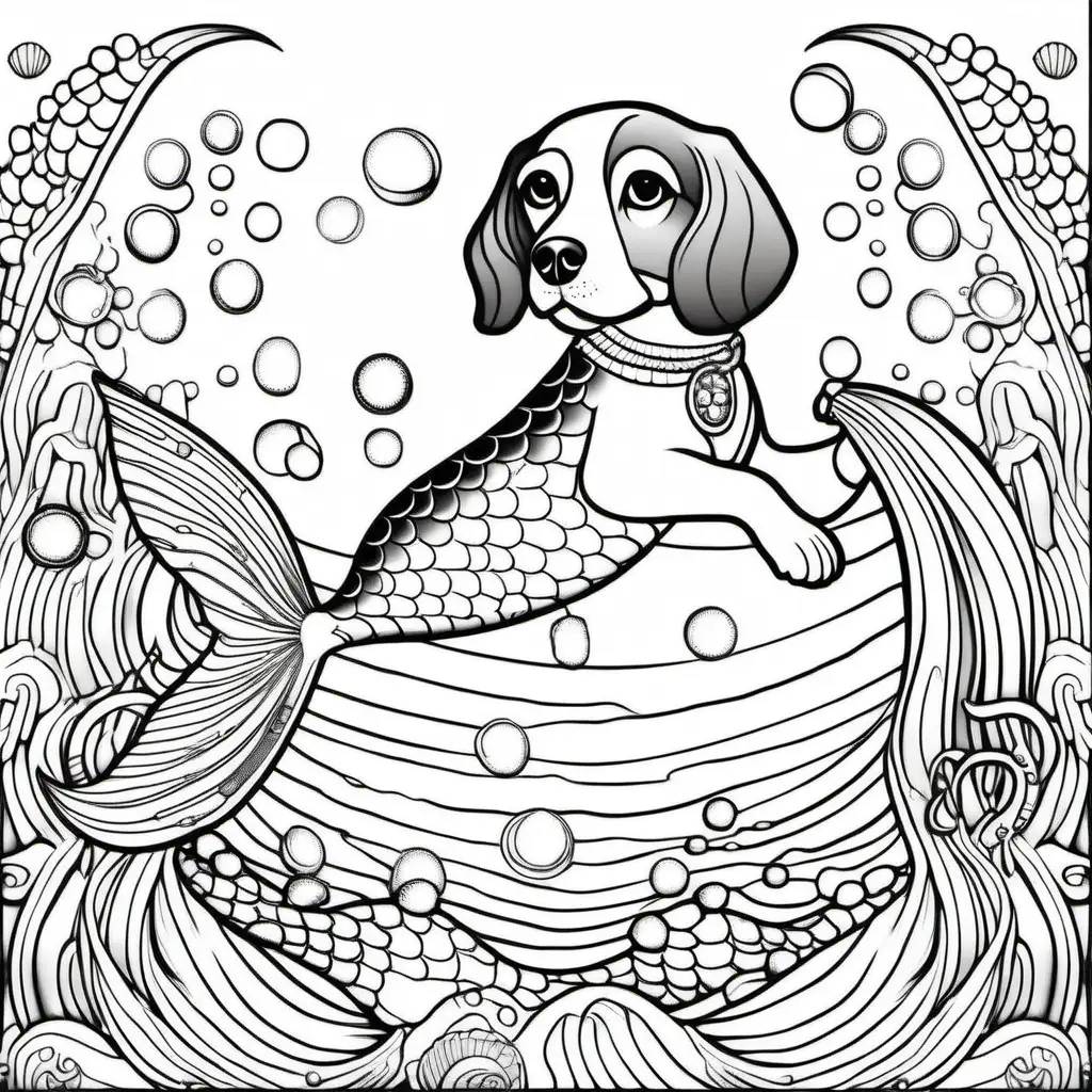 Beagle mermaid coloring book page