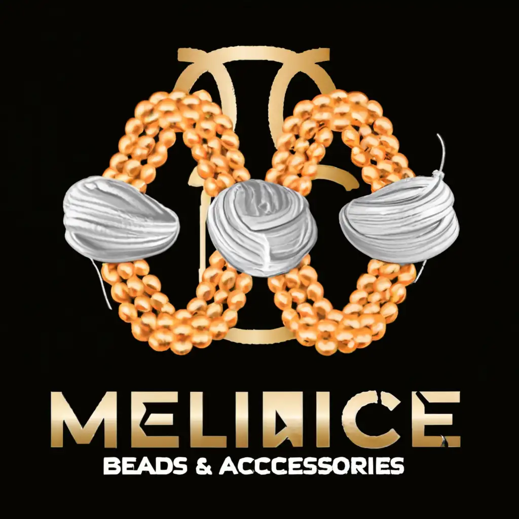 a logo design,with the text "MELINICE BEADS & ACCESSORIES", main symbol:Two Beaded bags that overlap to form an M as it spells Melinice with a 'c' forming a beaded bracelet and a the 'e' a fascinator,complex,be used in Retail industry,clear background