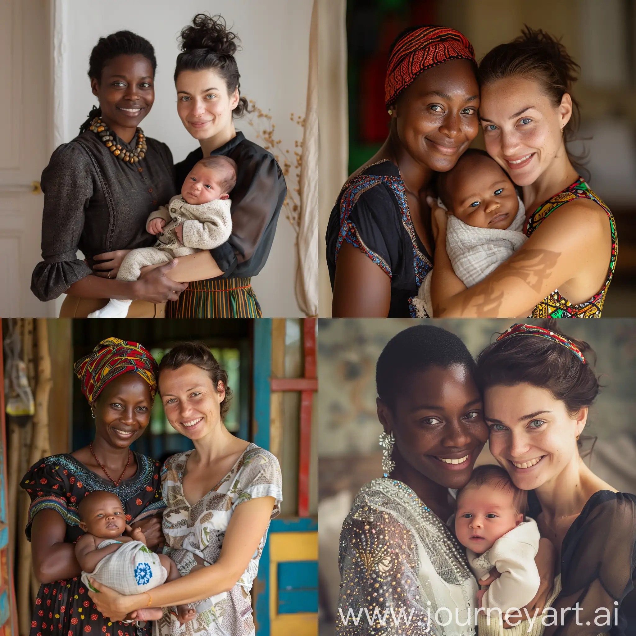 two women, one African, one European holding together a baby