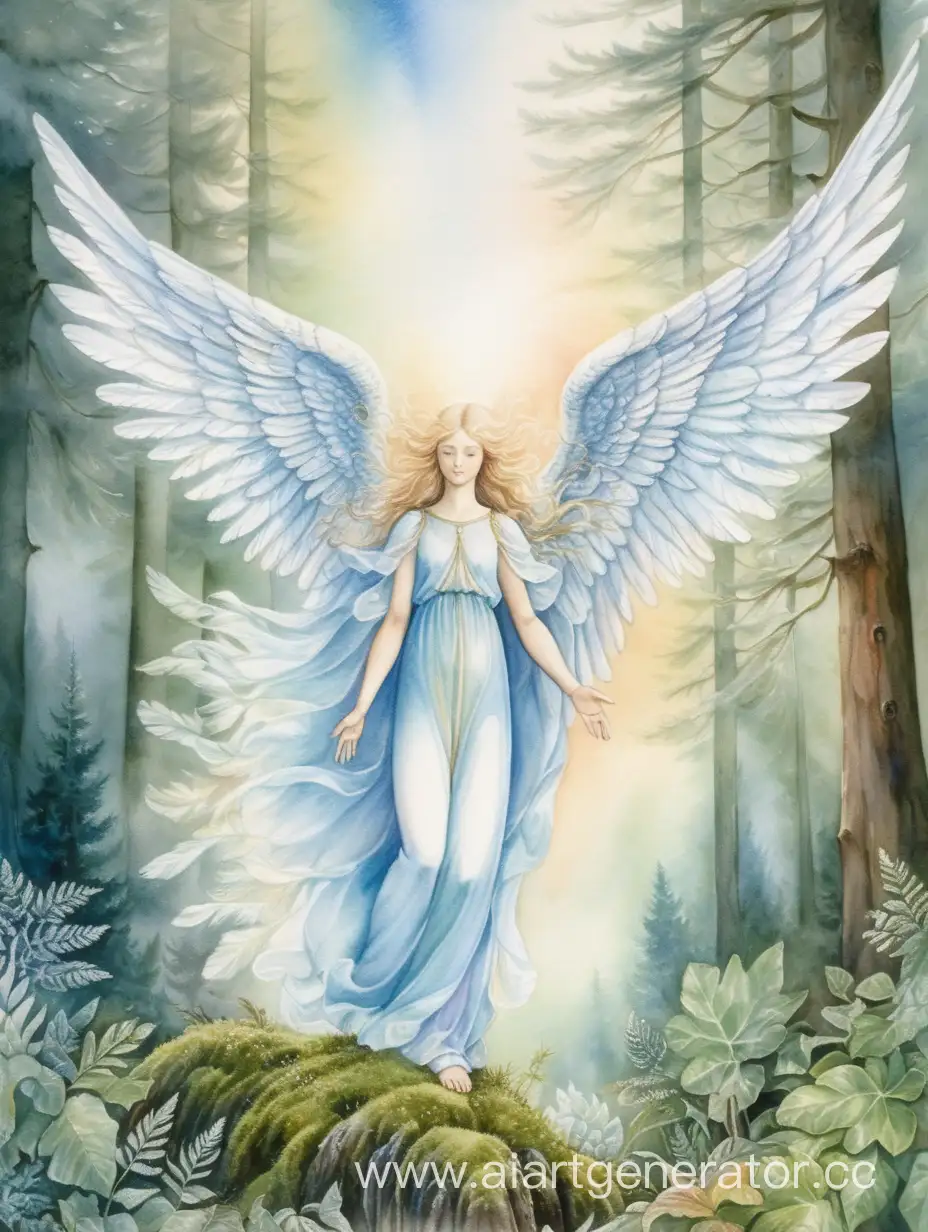 Ультра-детализация, мягкая акварель, яркая акварель, ангел хранитель с крыльями, огромные крылья, лес, мох, небо