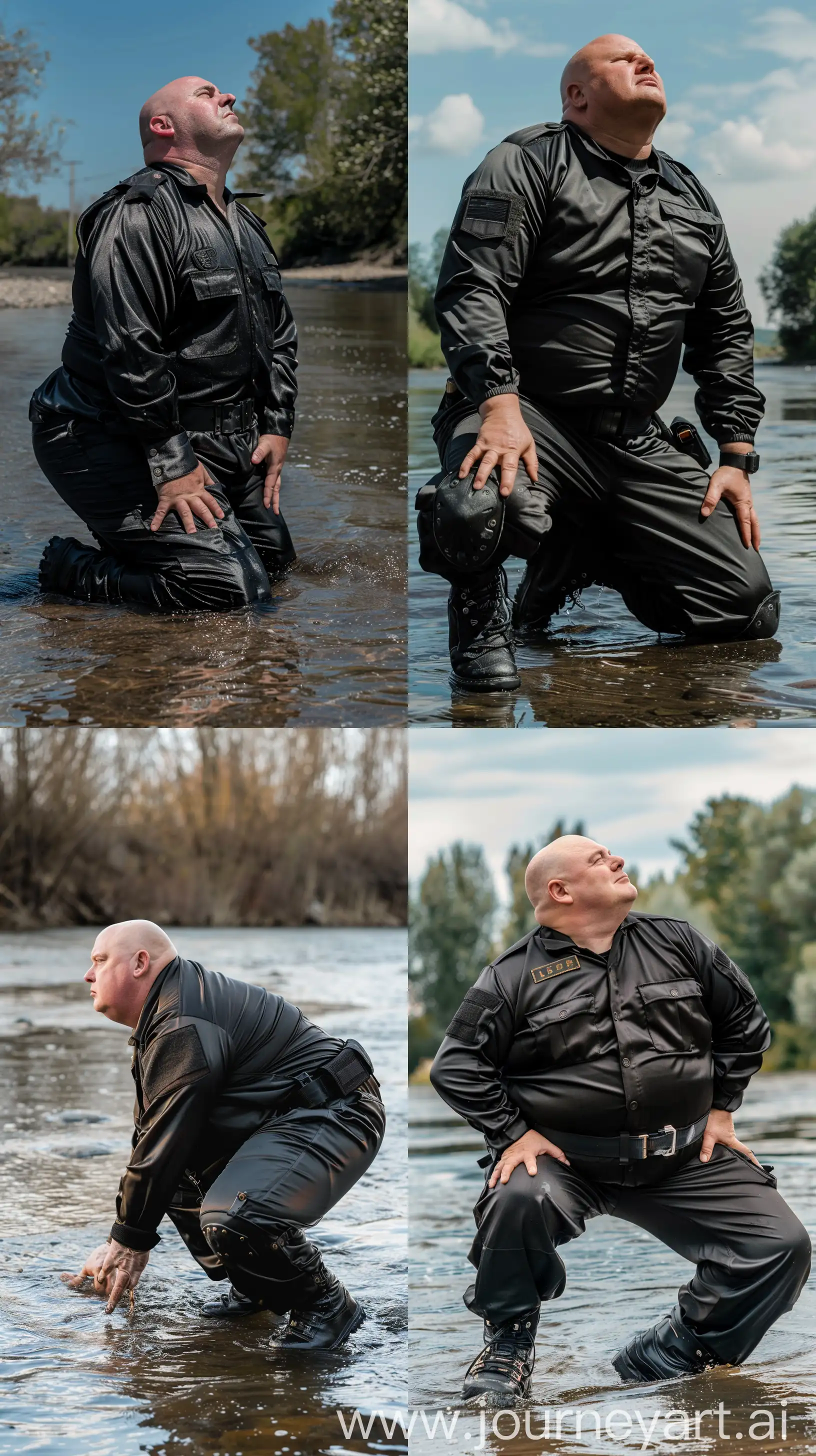 Close-up front view eye-level photo of a fat man aged 60 wearing a silk black security guard skinny-fitted full coverall tucked in black tactical hiking boots. Black tactical belt. Falling on his knees on the water looking at the sky. River. Bald. Clean Shaven. Natural light. --style raw --ar 9:16