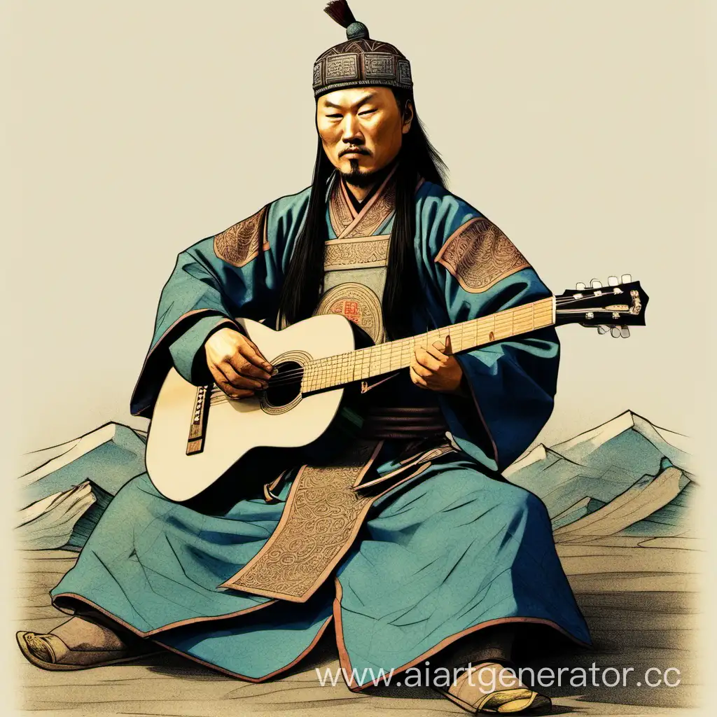 Asian-Mongol-Playing-Guitar-in-Traditional-Garb