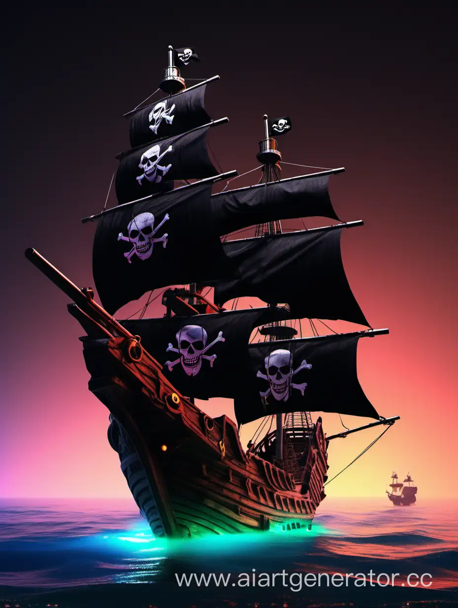 корабль из красного дерева, с большими чёрными парусами, и пиратским флагом, оснащённфй пушками нового поколения, с неоновыми вставками