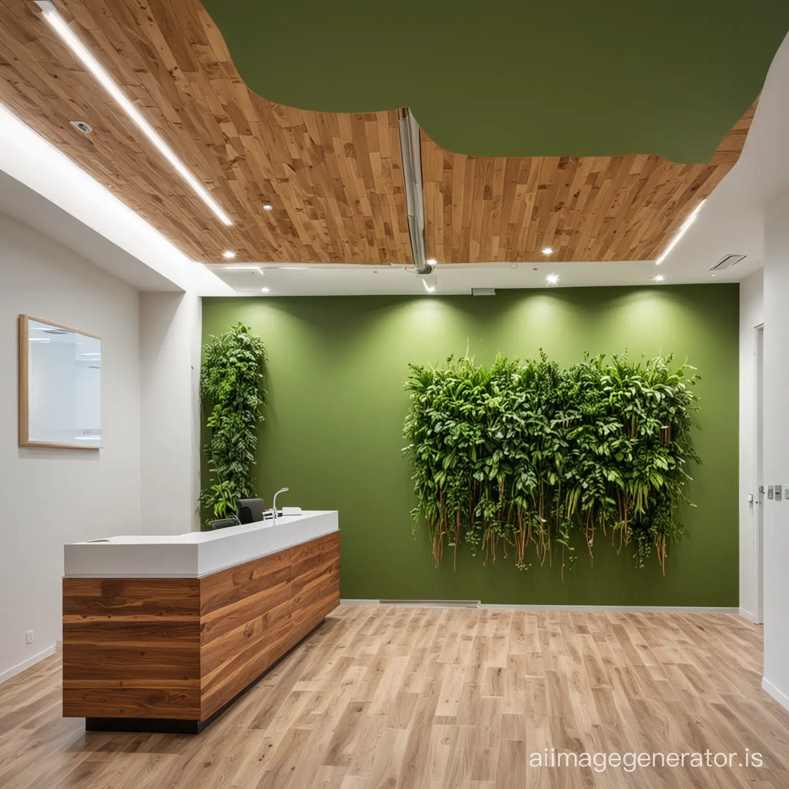 a modern light healthcare clinic interior with green wall and wood