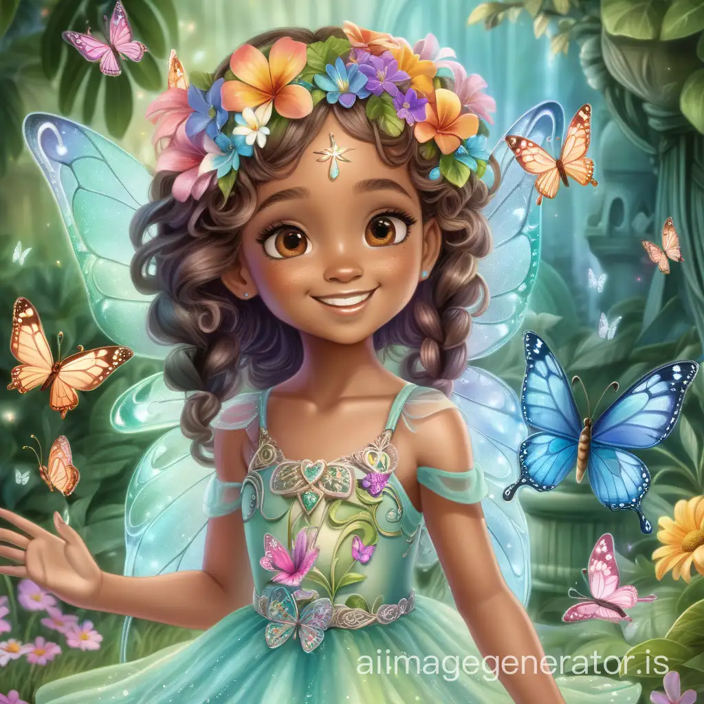 In the heart of a whimsical garden, a radiant brown-skinned fairy girl with captivating round eyes and long, fluttering lashes beams with joy on her special day. Her hair, intricately braided and adorned with pastel-colored flowers and butterflies, cascades down her back in a mesmerizing display of natural beauty. She's dressed in an adorable dress that mirrors the enchanting hues of the garden, complemented by matching slippers that twinkle with every step she takes.

Surrounded by a circle of cherished friends, their faces lit up with excitement and love, the fairy girl's birthday celebration is in full swing. They shower her with laughter, hugs, and heartfelt wishes, creating an atmosphere of pure magic and delight. Together, they share in the joy of friendship and the wonder of the fairy realm, making memories that will last a lifetime in the enchanting garden oasis.