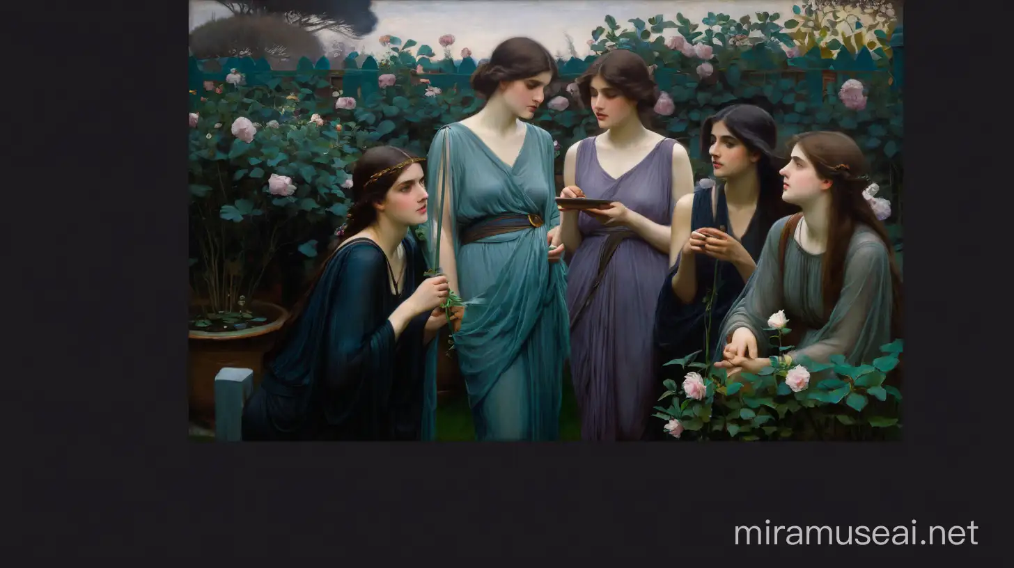 Three Muses Adorning a Lush Garden in the Style of John William Waterhouse