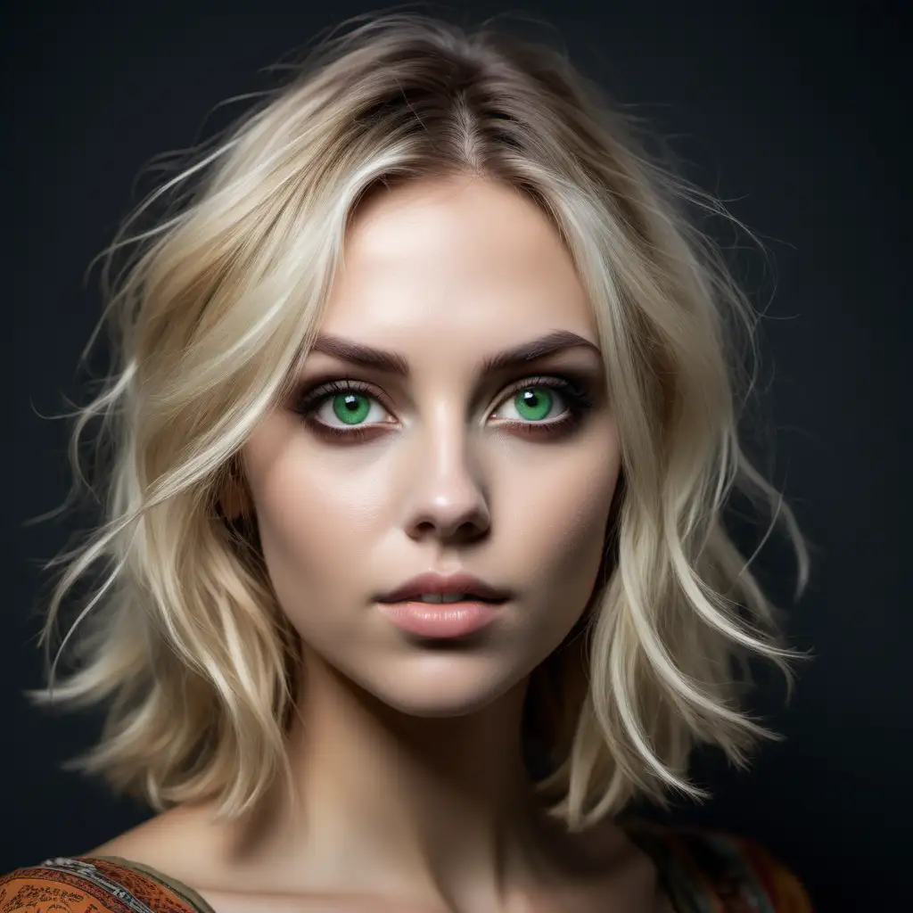 create blonde woman with deep green eyes, chin length hair and angular features. she should be professional, like a headshot. but add elements that envoke curiosity and mystery with a feeling of bohemian style
