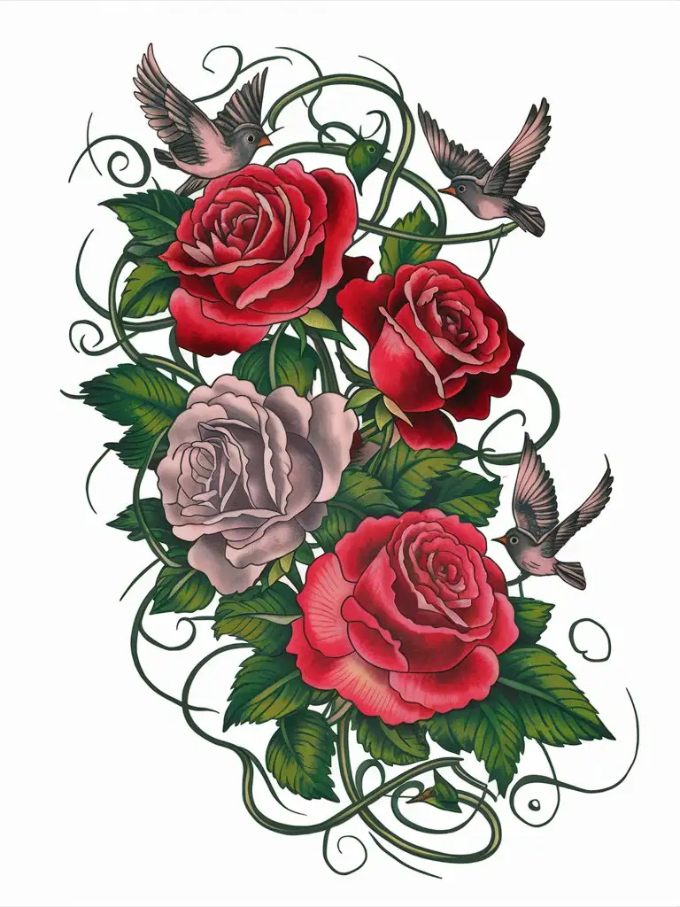 roses with vines and birds flying around tattoo
