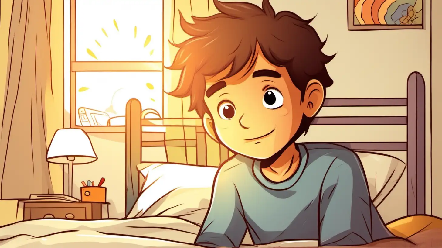 illustrate a ten years old brown hair boy waking up with sunshines in his room