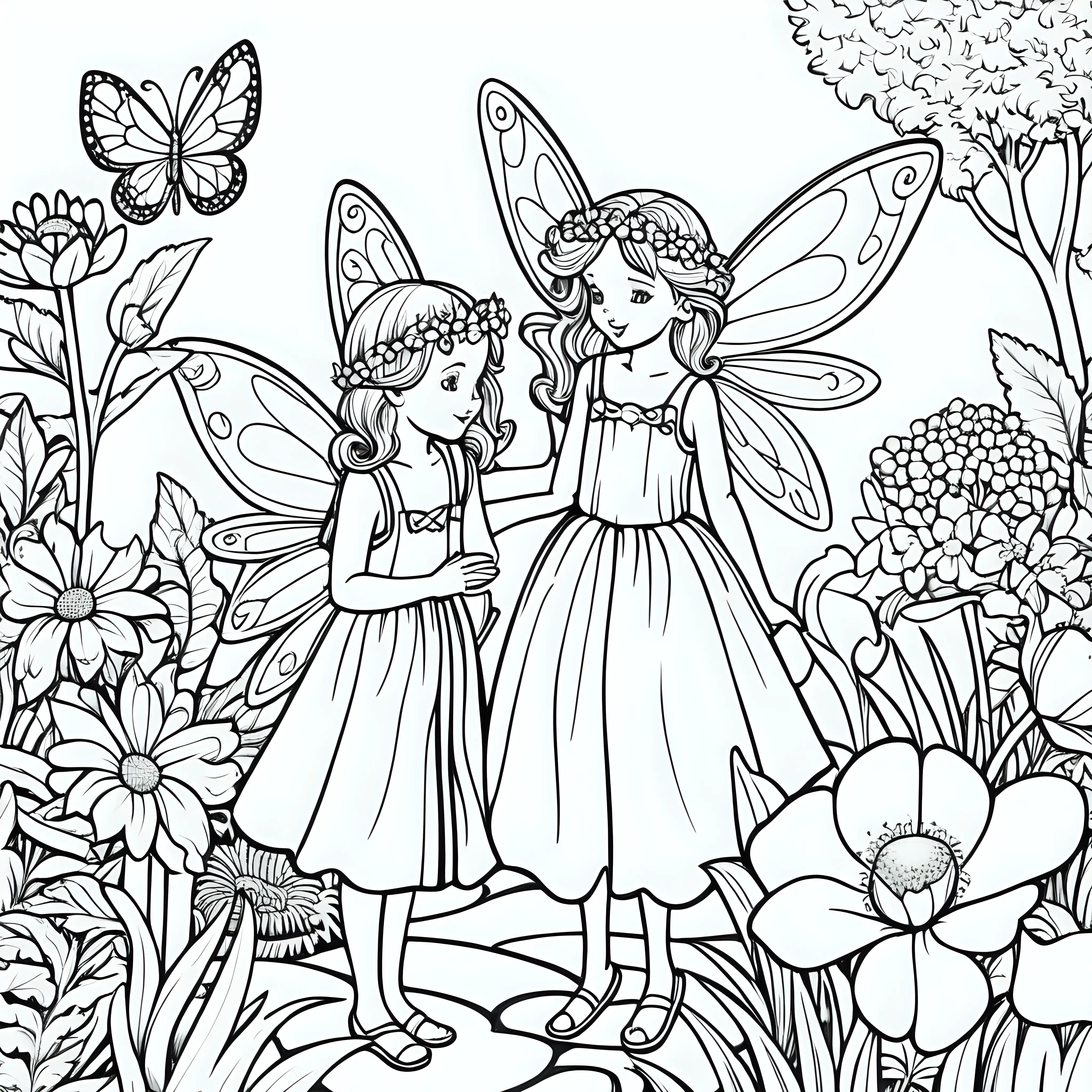 Simple black line fairy's in a garden children's colouring page