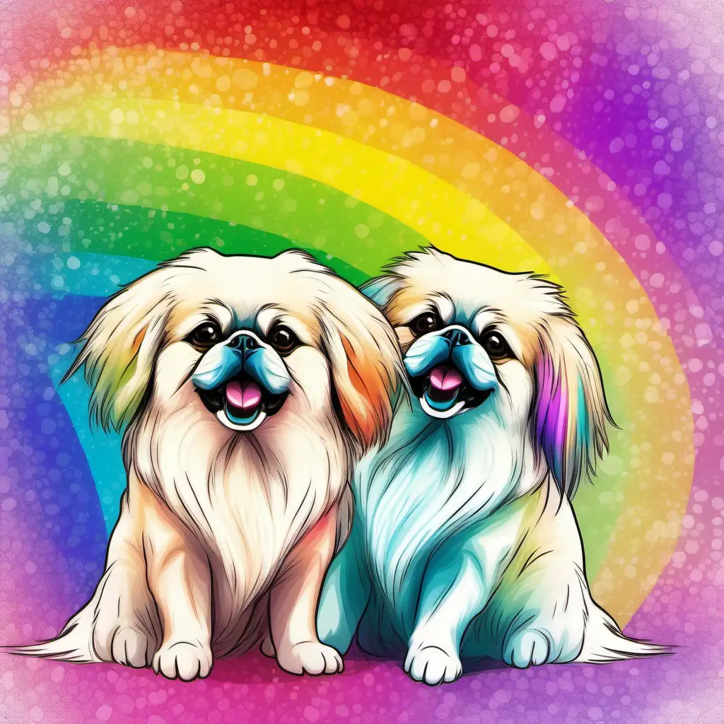 Cute drawing of white Pekingese dogs with a vibrant mood in rainbow colors in the background in the style of photo montage