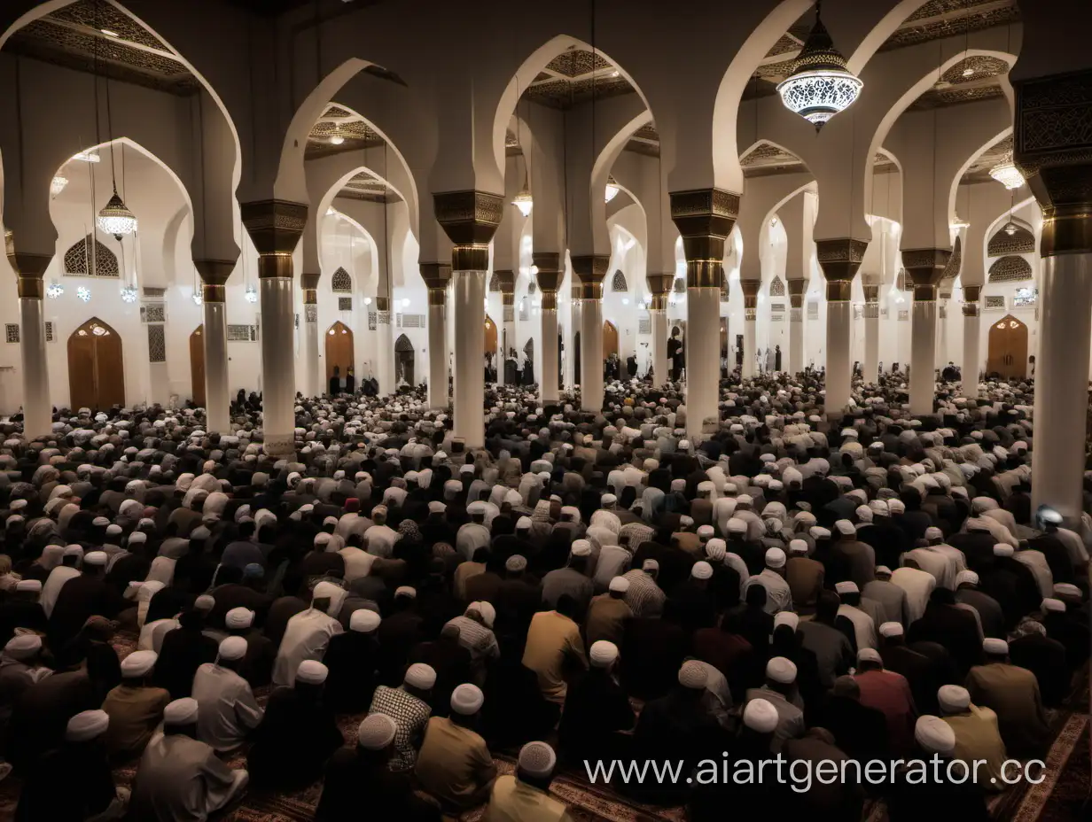 suasana perayaan Isra Mi'raj di sebuah masjid tradisional. jamaah sedang khusyuk mendengarkan ceramah agama yang disampaikan oleh pak ustadz, suasana malam hari