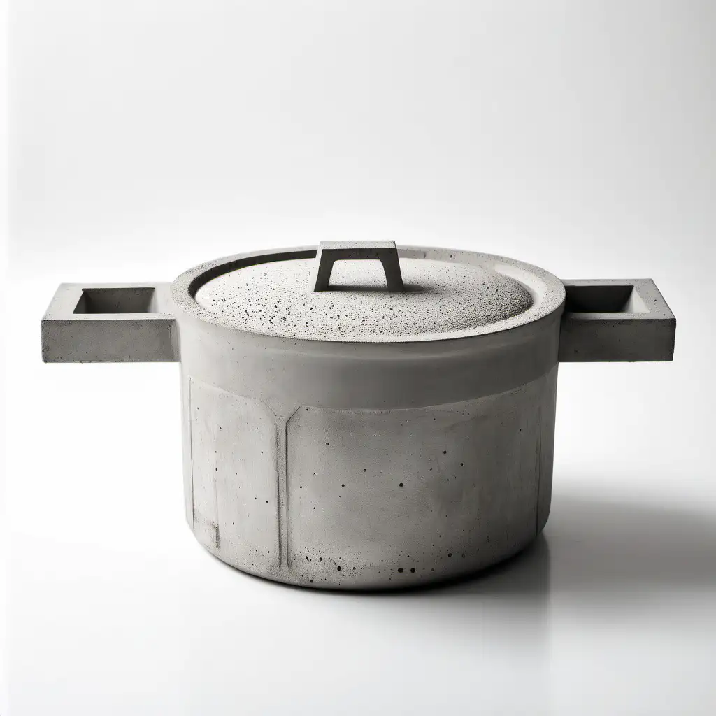 Brutalist saucepan, a saucepan made of concrete, brutalist architectural style, stark, white background 