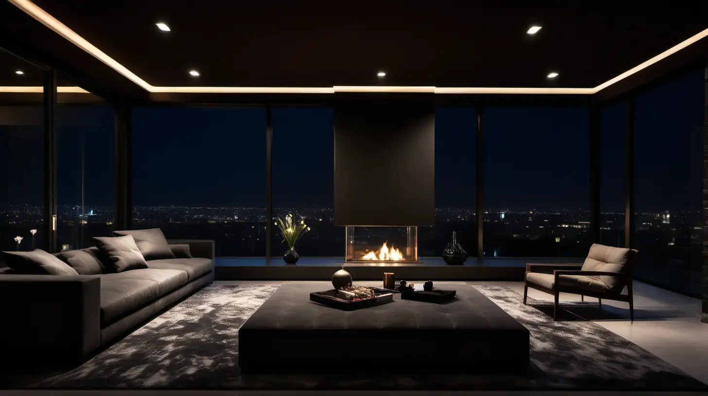 A luxurious dark modern living room at night, one large square window, modern furniture, gas fireplace. Photographic quality.