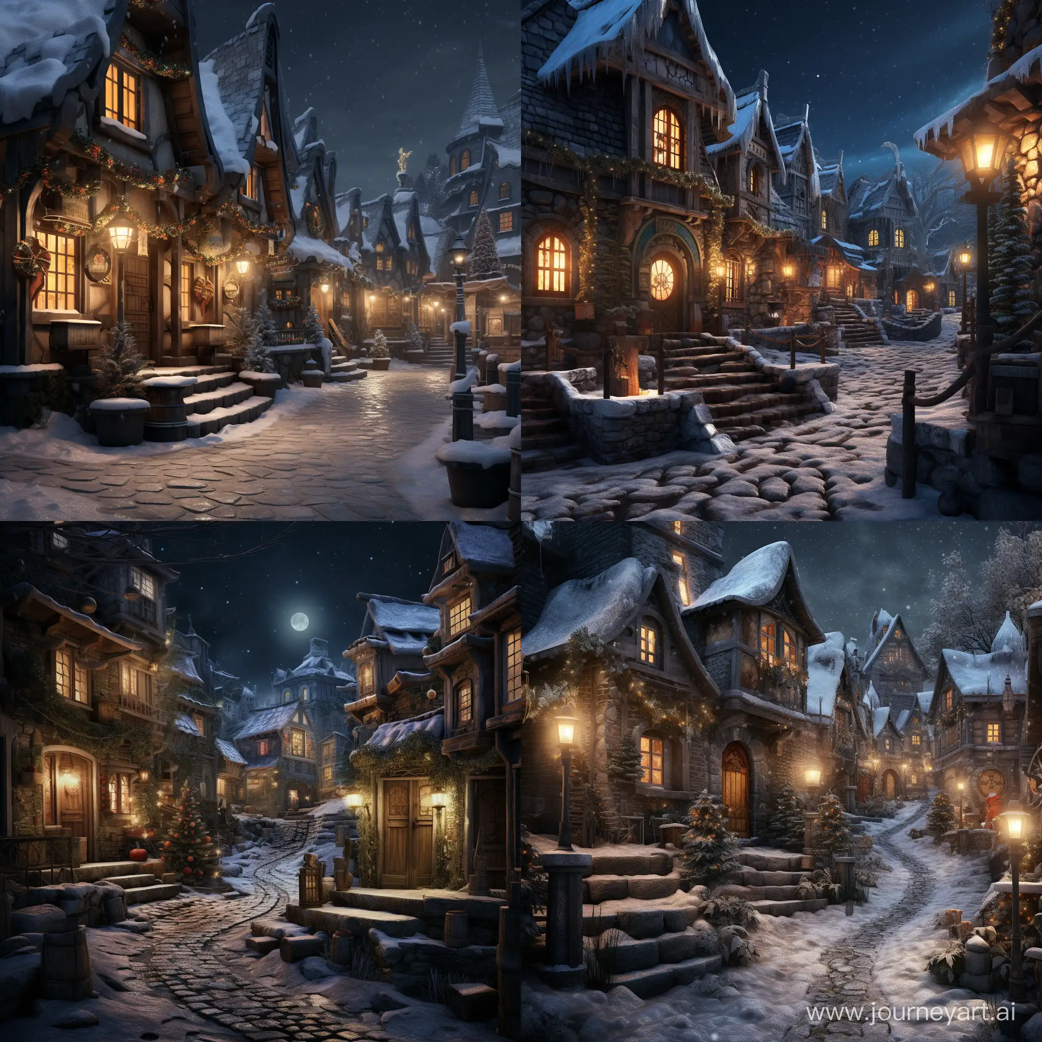 the street of the Christmas fantasy city, in the style of Harry Potter , the city of elves and dwarves, magic, at night, stone houses