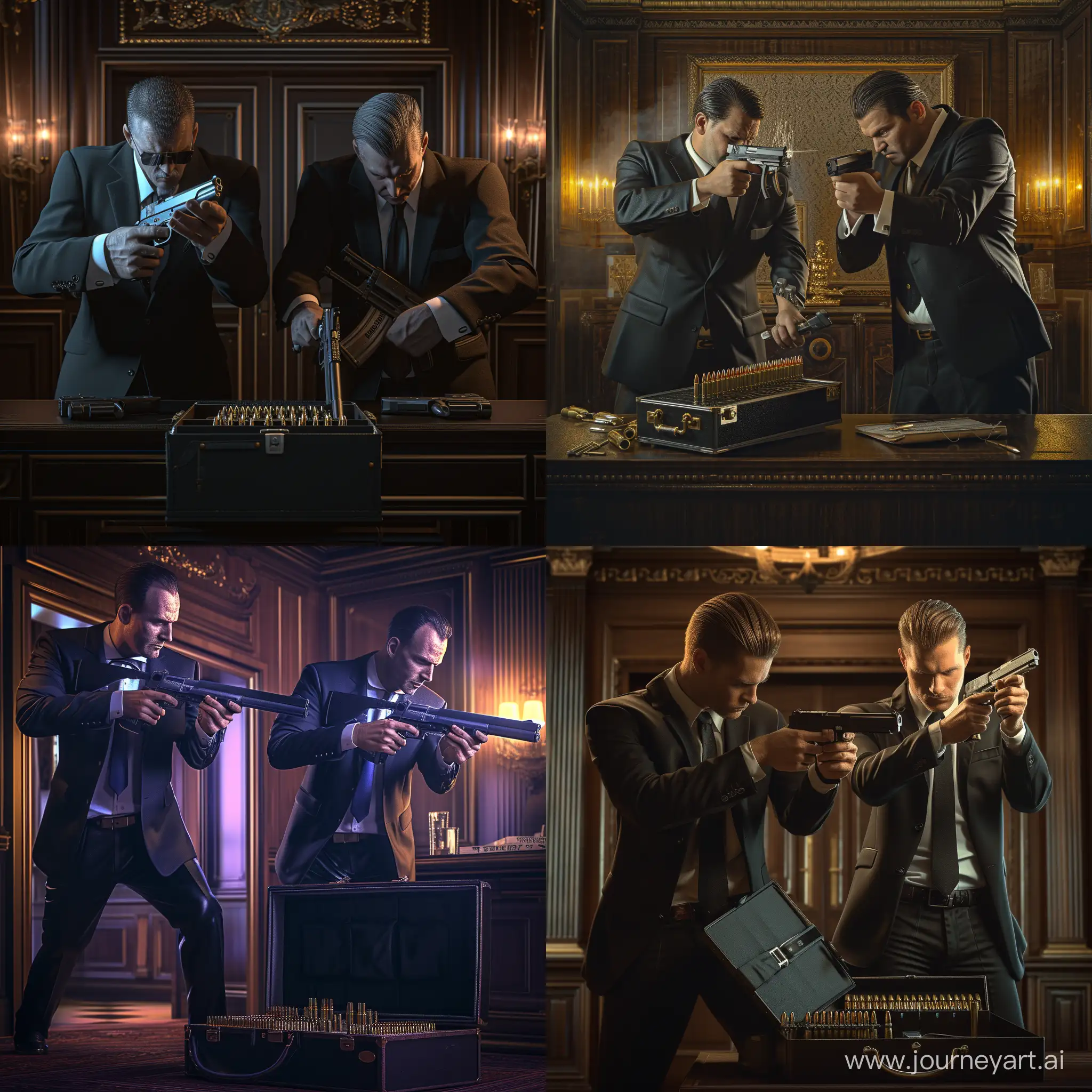 photo-realistic ,two well dressed hit men that look like actors in expensive suits prepare their guns by putting on silencers and loading bullets in an expensive looking office,they take their guns out of a briefcase,atmospheric lighting,photo-realistic