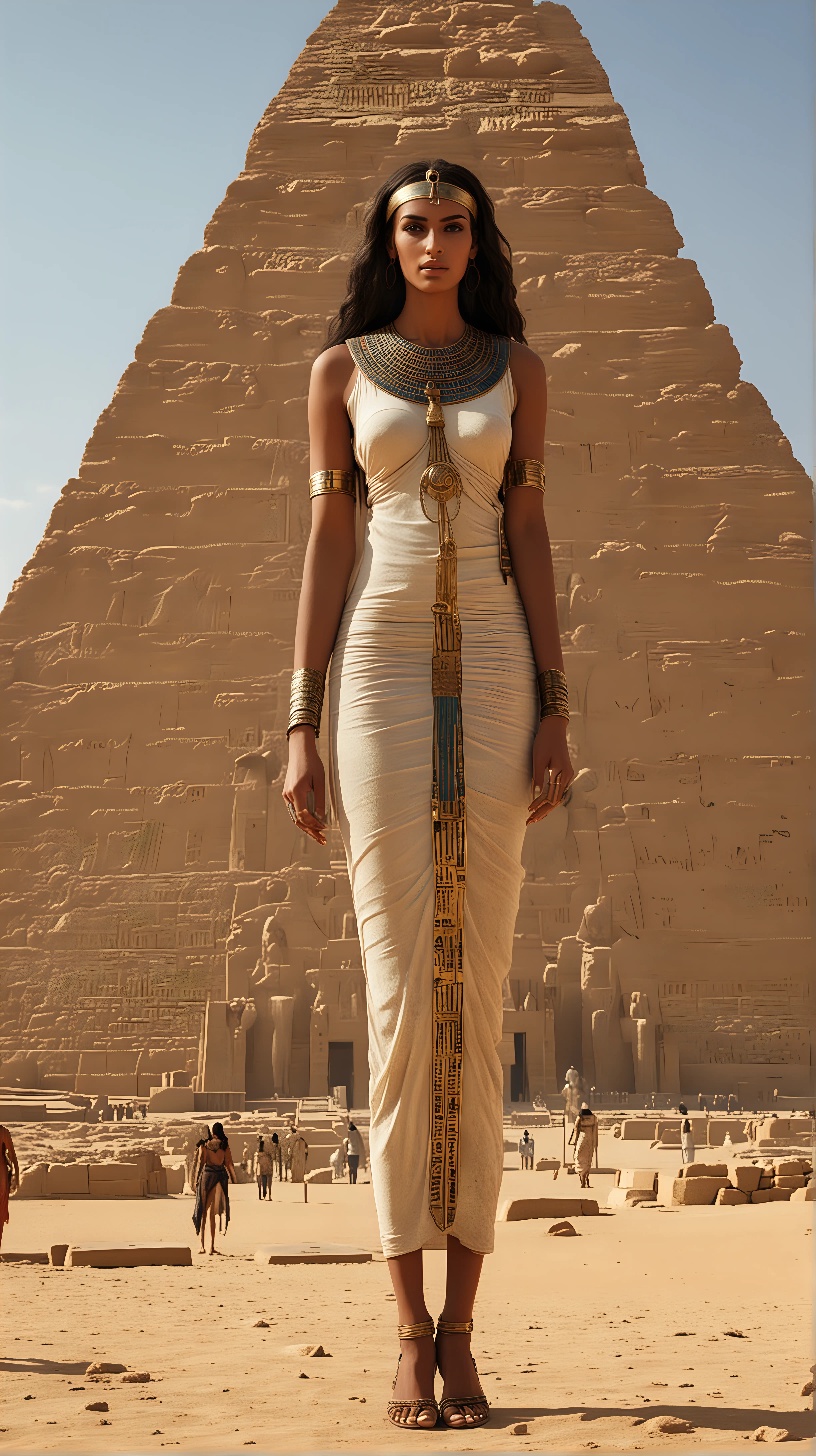 Godlike Ancient Egyptian Woman with Exaggerated Height near Pyramid