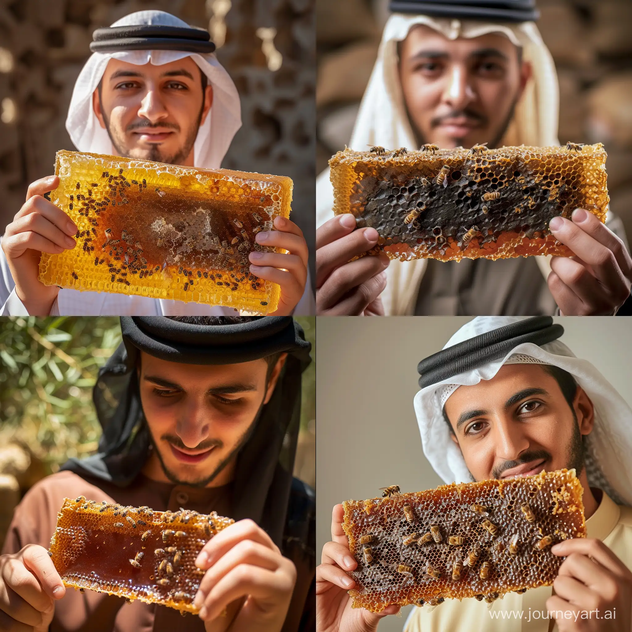 Real and natural photo of a man in Arabic dress holding a rectangular propolis. Full details of propolis and young man's face. Propolis should be in the middle of the picture. A few bees on propolis.