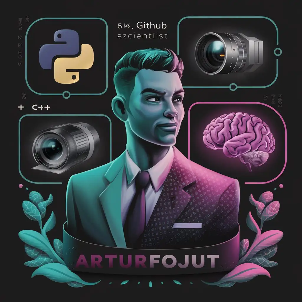 Create a high-quality, artistic avatar for a GitHub profile of a data scientist named ArturFojut. The avatar should not have glasses and must incorporate visual symbols representing ArturFojut's expertise in Python, C++, ComputerVision and Artificial Intelligence. Each tool should be depicted once, without repetition, and without any nonsensical texts. The design should reflect ArturFojut's identity as an analytical thinker, someone who writes clean code and is proficient in algorithms. The avatar must blend professional elements with a touch of whimsy, showcasing technical prowess and personal attributes in an engaging and memorable way. The color scheme should be sophisticated, utilizing vibrant colors to add personality. The overall look should be less like it was generated by a machine and more like it was carefully crafted by an artist, focusing on clarity, precision, and a connection to ArturFojut's professional and personal life.