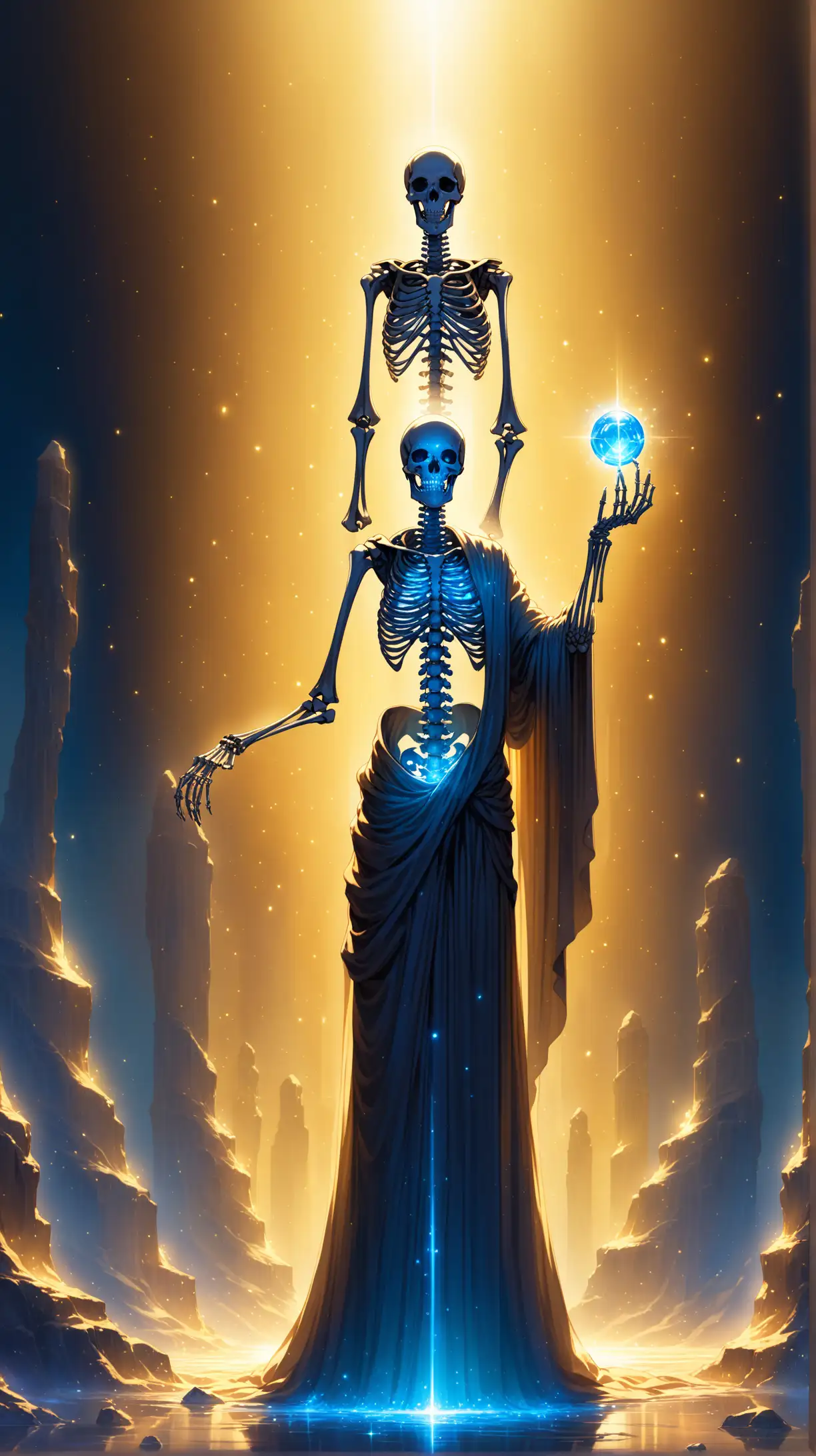 A skeletal figure, draped in ancient robes, stands tall,Look into the camera. holding aloft two objects—one gleaming with a soft, golden light, while the other pulses with a mysterious, sapphire glow.