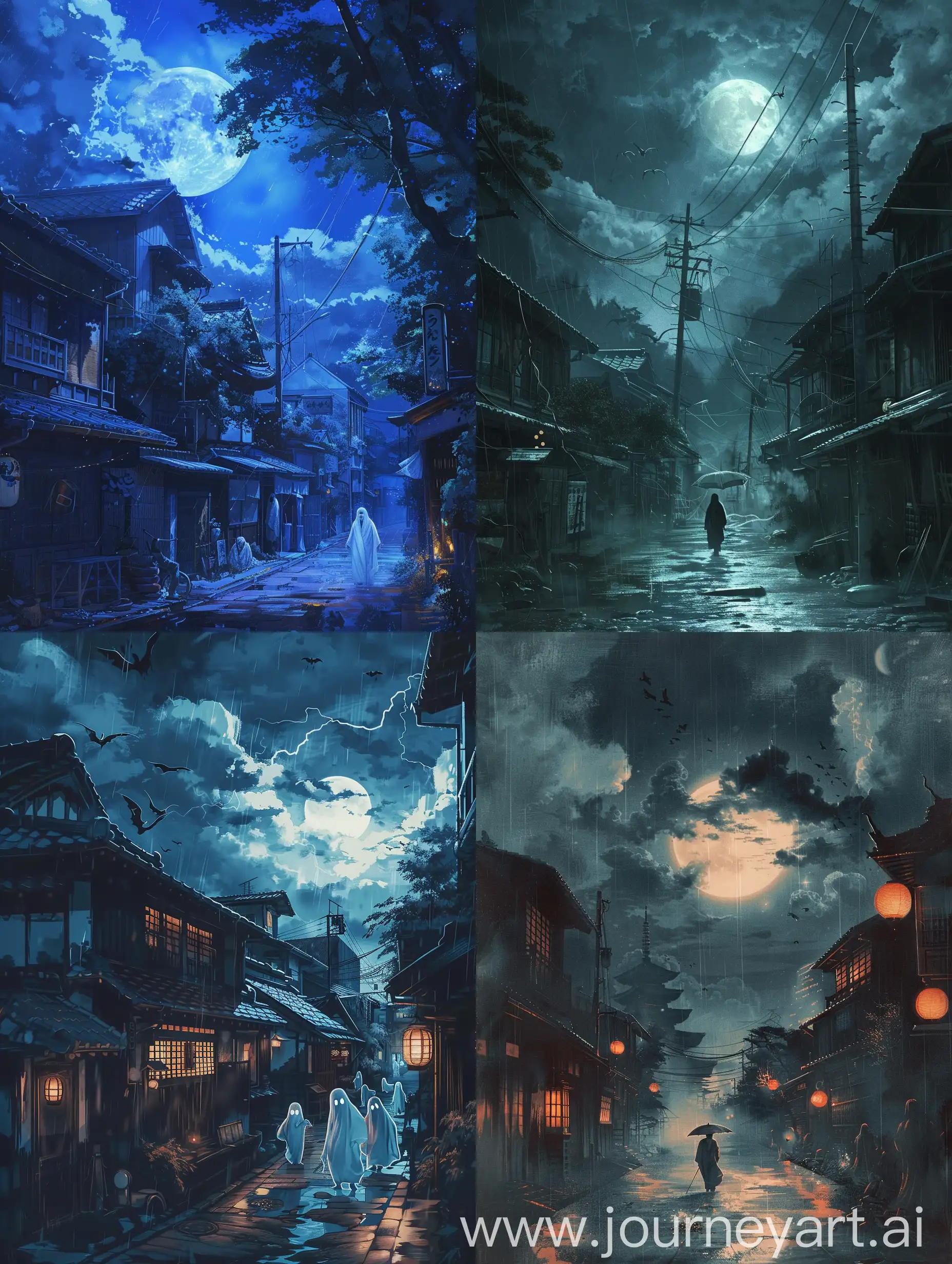 Japanese  ghosts,  appear in the moonlit streets of Tokyo, stormy skies and evil omen